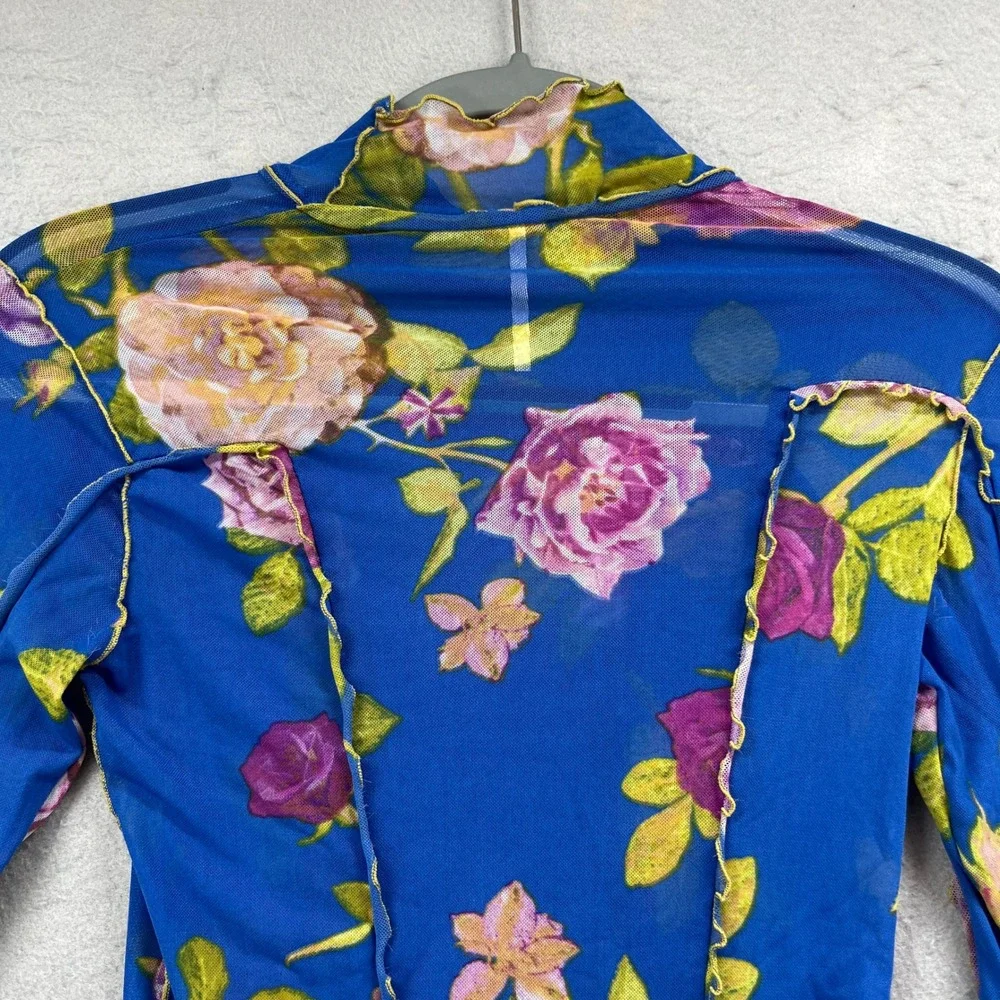 Free People Mesh Top Womens XS Blue Floral Sheer Mock Neck Long Sleeve Y2K